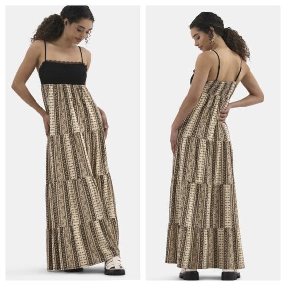 No Boundaries Maxi Dress sz M Black Tan Strappy Tiered Crochet Lace Boho - Picture 1 of 16